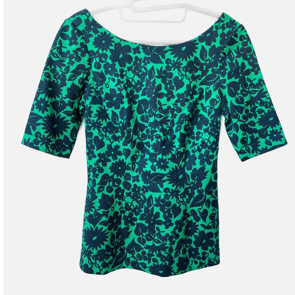 Boden Fleur Fitted Top -1/2 sleeve, sz 2, Highland Green with Shadow Floral -EUC - Picture 2 of 11